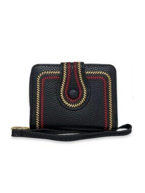 Black Vegan Leather Bifold Wallet With Red & Gold Stitch Detail Snap & Zipper